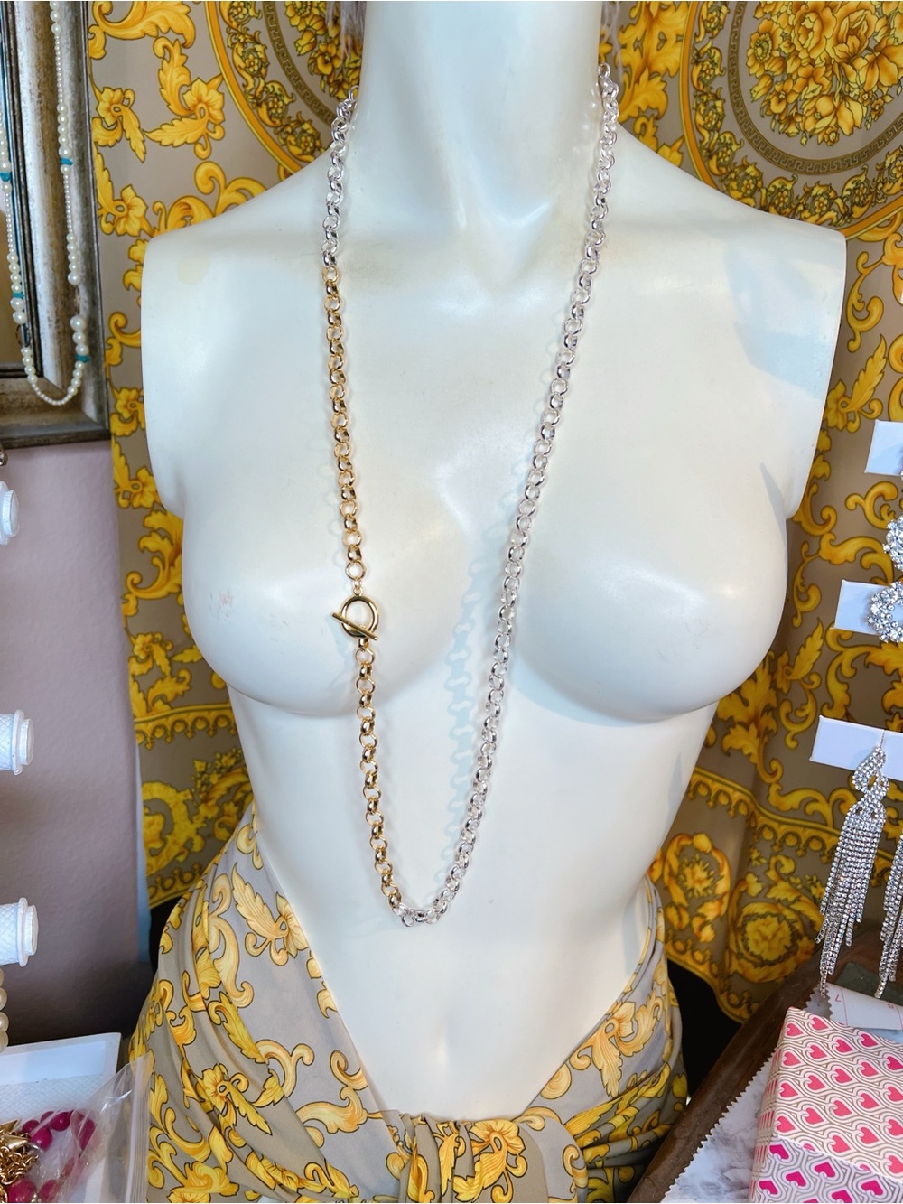 Two tone 18k white yellow gold toggle Link necklace 34”